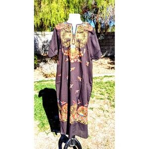 Retro Kaftan Black/Gold Goddess Cleopatra Ankh Birds Graphic Print Cotton Dress